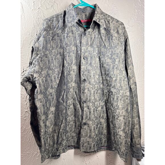 Signum Button Up Long‎ Sleeve Shirt Fun Print Geometric Buildings Houses Size M - Picture 1 of 4